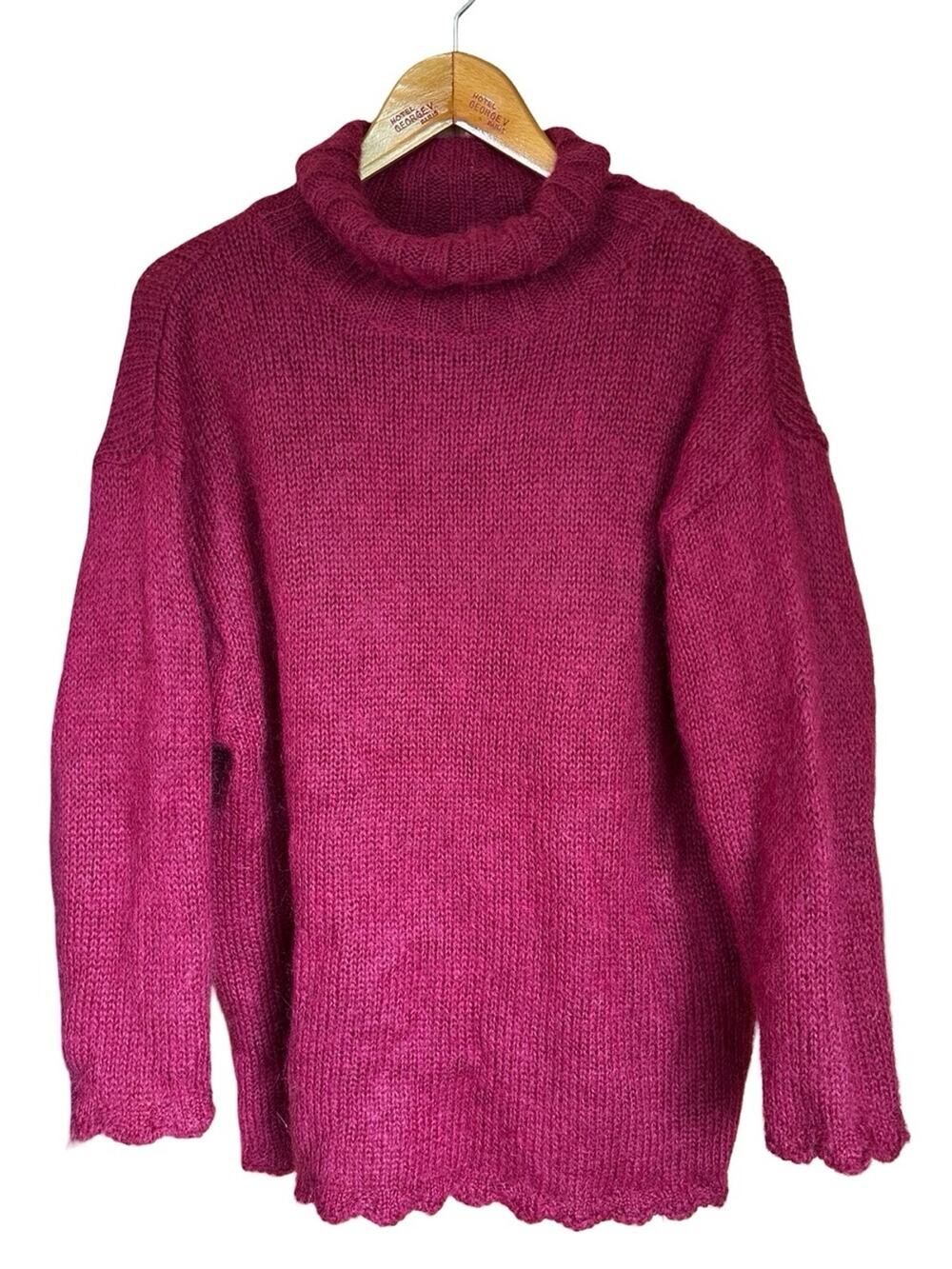 Vtg Esprit Mohair Roll Neck Pullover Sweater Scalloped Hem Raspberry Sz M